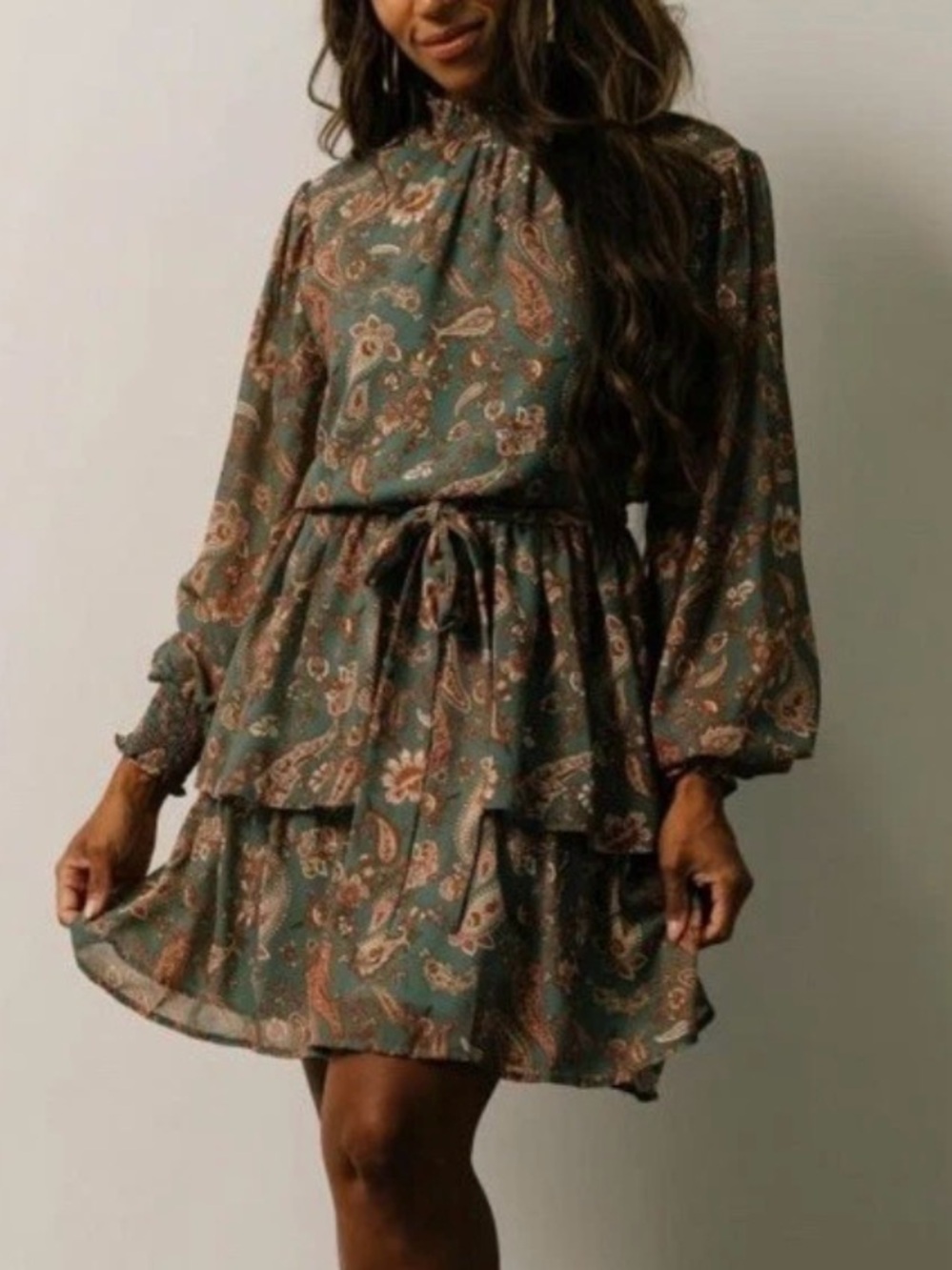 Baltic Born Dress Womens Small Green Paisley Chelsea Tiered Boho Long Sleeve NWT